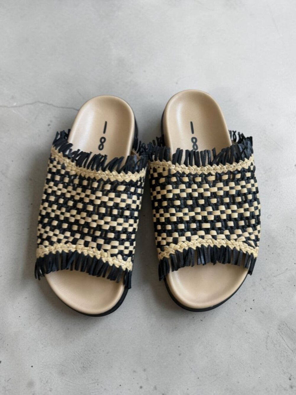 PAS DE ROUGE Black Beige Leather Woven Slide Sandals Size US 8